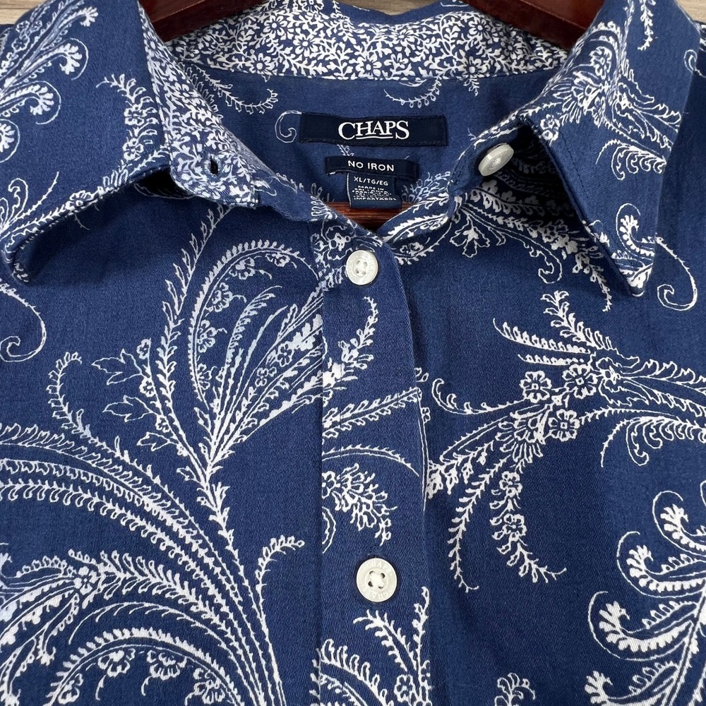 Chaps Womens XL Navy Blue Paisley Floral No Iron Cotton Button Down Shirt Top